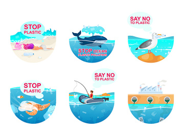 Plastic pollution in ocean flat concept icons set preview picture