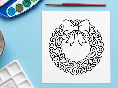 Ilustrasi seni garis karangan bunga natal dengan pita dekoratif untuk proyek desain hari raya.