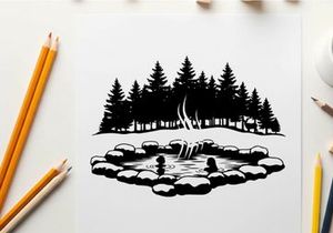 Serene silhouette of forest pond with trees and water