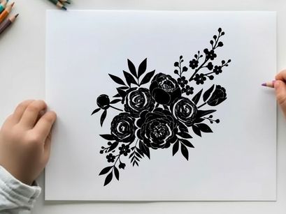 Silhouette of a bouquet of flowers and leaves arrangement