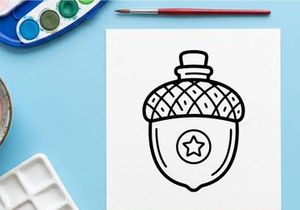 Eichel-Symbol mit Stern. Handgezeichnete Nuss-Illustration für Herbst-Designprojekte.
