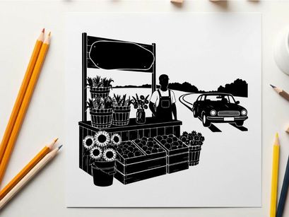 Silhouette of a man selling plants at a roadside stand