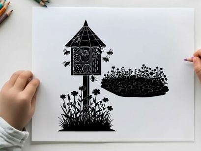Silhouette of a birdhouse and flowers on a white background
