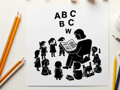 Silhouette of teacher reading to children in classroom setting silhouette