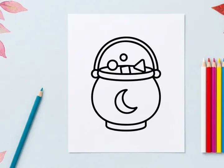 Halloween witch cauldron icon. Black and white line art of a magic pot with moon symbol.