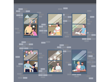 People in different apartments windows flat color vector illustration preview picture