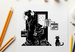 Silhouette of dog and cat celebrating birthday party