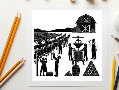 Vintage farm scene with silhouette of people working in orchard and barn