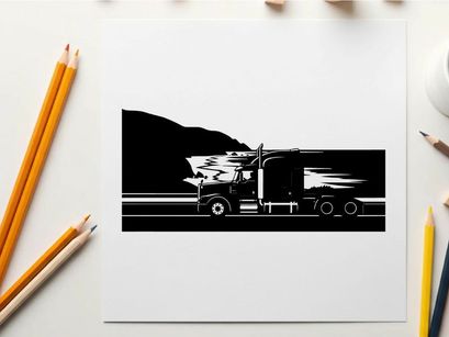 Truck driving along a coastal road in silhouette