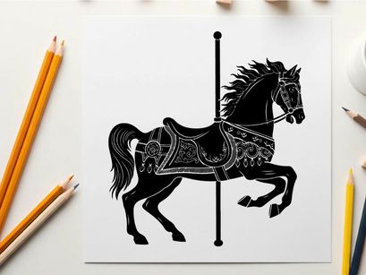 Silhouette of a galloping carousel horse on a pole