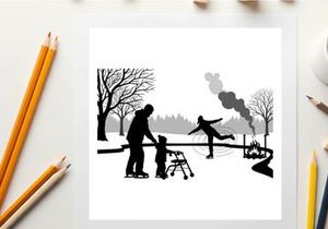 Silhouette of a man and child ice skating in a winter landscape