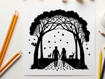 Romantic silhouette of couple walking hand in hand under tree arch