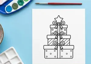 Christmas gift boxes stack with ribbons and star topper, black and white line art icon.