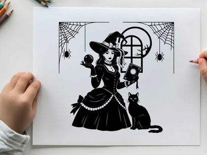 Silhouette of a witch and her black cat on a spooky night