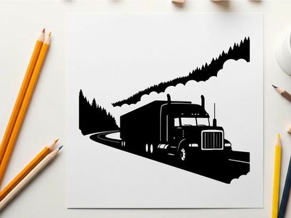 Semi truck driving on a winding road through a forest in silhouette
