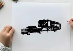 Silhouette of a pickup truck towing a large rv