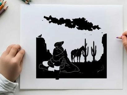 Cowboy silhouette sitting by campfire in desert landscape
