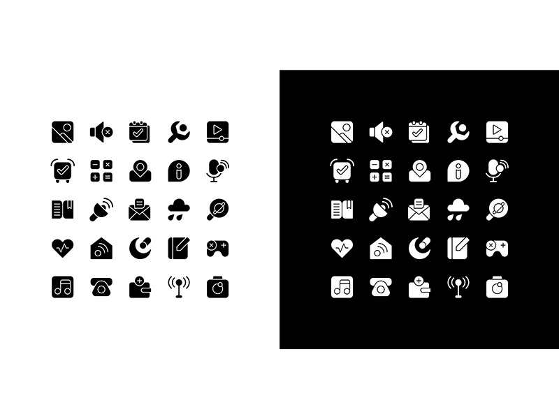 Interface glyph icons set for night and day mode