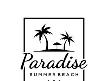 Summer vacation creative logo on the beach with symbols of waves, palm trees and surfboards in retro style.Emblem,label, poster,badge.