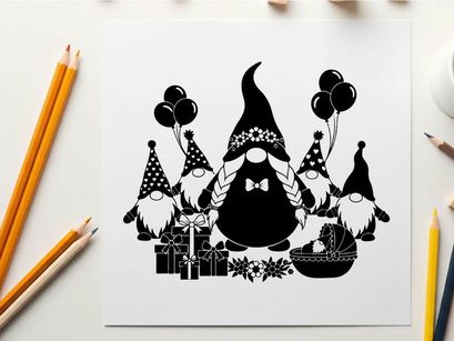 Black silhouette of gnomes celebrating a special occasion with silhouette