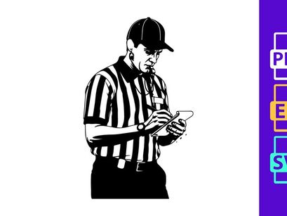 A referee in a black and white striped shirt checking a mobile phone
