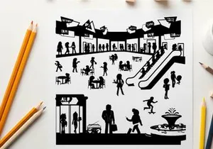 Silhouette of people in a busy shopping mall interior