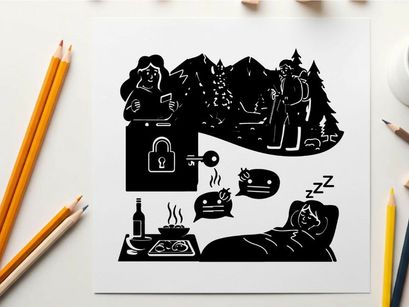 Silhouette of a woman securing her home while camping silhouette