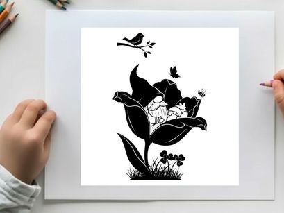 Silhouette of a flower with birds and butterflies