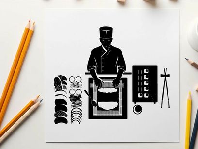 Sushi chef silhouette with sushi ingredients and cooking tools