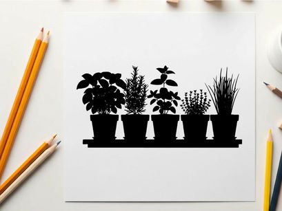 Silhouette of plants on a shelf in front of window