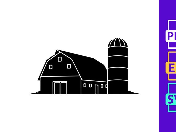 Modern black barn and silo farm building vector illustration