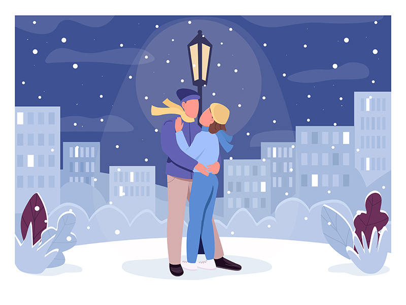 Winter romantic evening flat color vector illustration