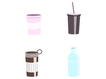 Reusable cups and bottles flat color vector objects set preview picture