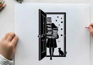 Silhouette of girl carrying books with cat in doorway silhouette
