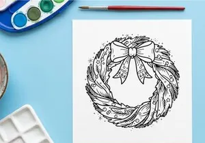 Weihnachtskranz-Linienkunst-Illustration mit dekorativer Schleife und festlichen Winterelementen
