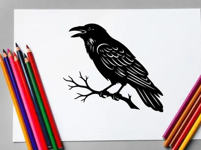 Ilustración de cuervo negro en rama para diseño de naturaleza y vida silvestre