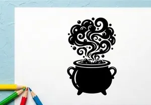 Black and White Illustration of a Steaming Cauldron with Swirling Smoke