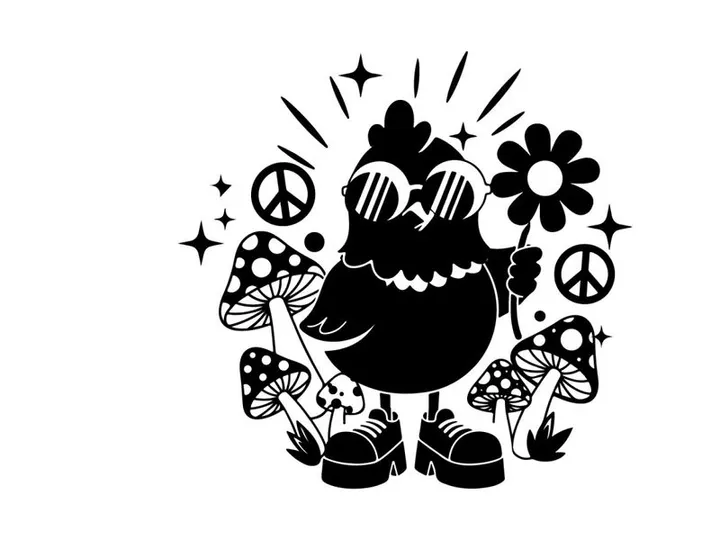 Groovy silhouette bird wearing sunglasses with flowers and mushrooms