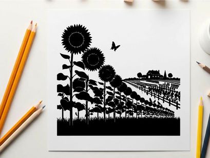 Sunflower field silhouette with farmhouse and butterfly