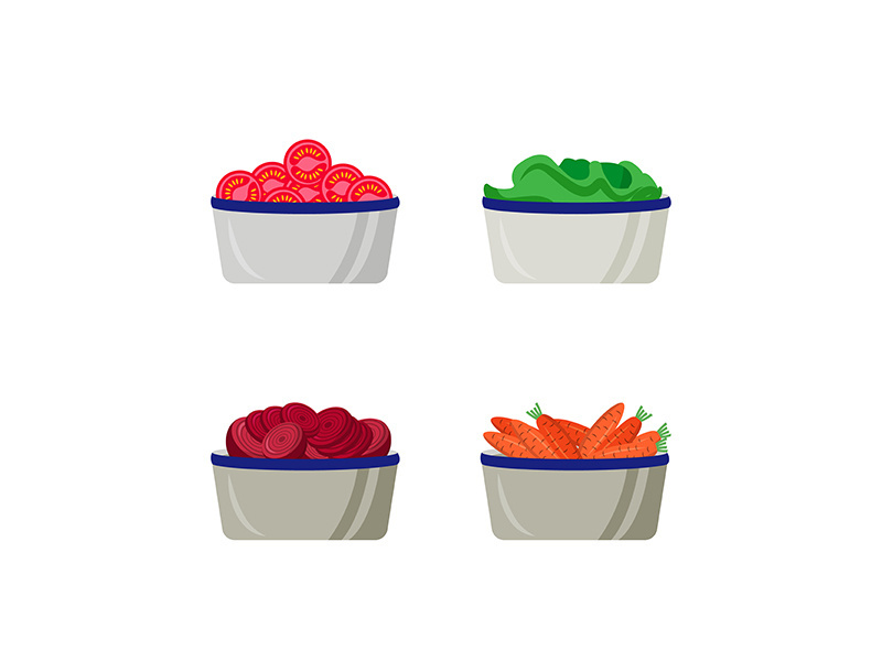 Sliced vegetables in plates flat color vector object set