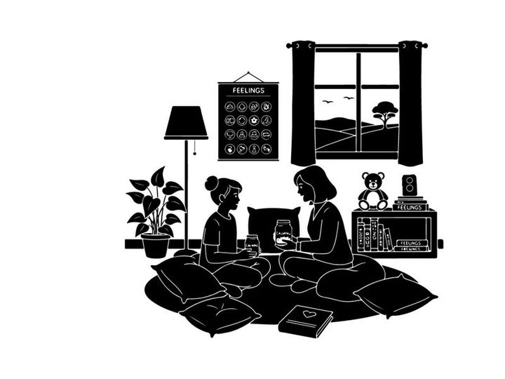 Two women in a cozy room with silhouette