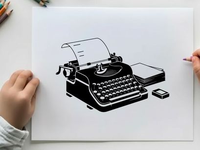 Vintage typewriter silhouette with paper and ribbon