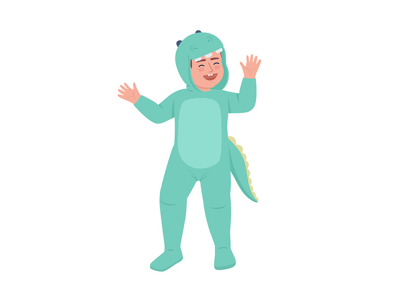 Cute boy in dinosaur costume semi flat color vector character