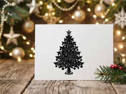 Schwarz-Weiße Weihnachtsbaum-Illustration mit Sternspitze und Schmuck.