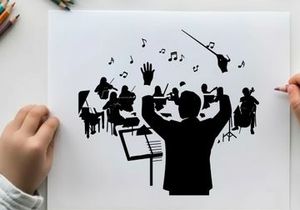 Silhouette of a conductor leading an orchestra with music notes