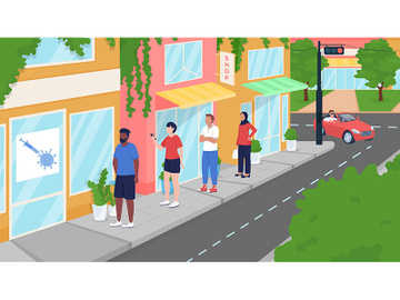 Queue at covid vaccination centre flat color vector illustration preview picture
