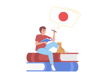 Young man learning japanese by himself semi flat color vector character preview picture