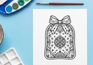 Christmas gift tag with ornate mandala pattern and bow, black and white line art drawing.