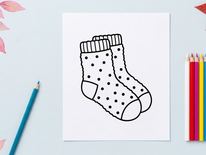 Pair of polka dot socks line art illustration for Christmas holiday design elements.