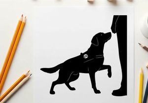 Silhouette of a service dog and its handler in a guiding position
